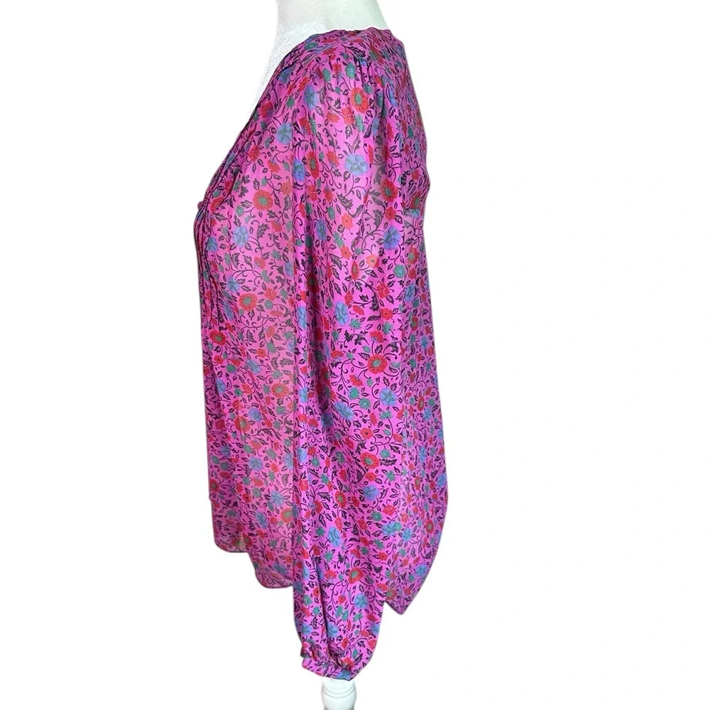 Veronica Beard Fuchsia Pink Floral Pleated Long Sleeve Silk Blouse - Picture 5 of 6